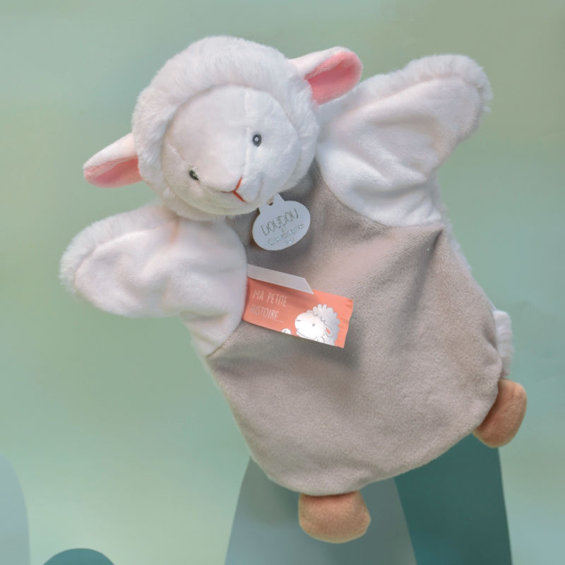  - marionnette agneau mouton blanc gris 25 cm 